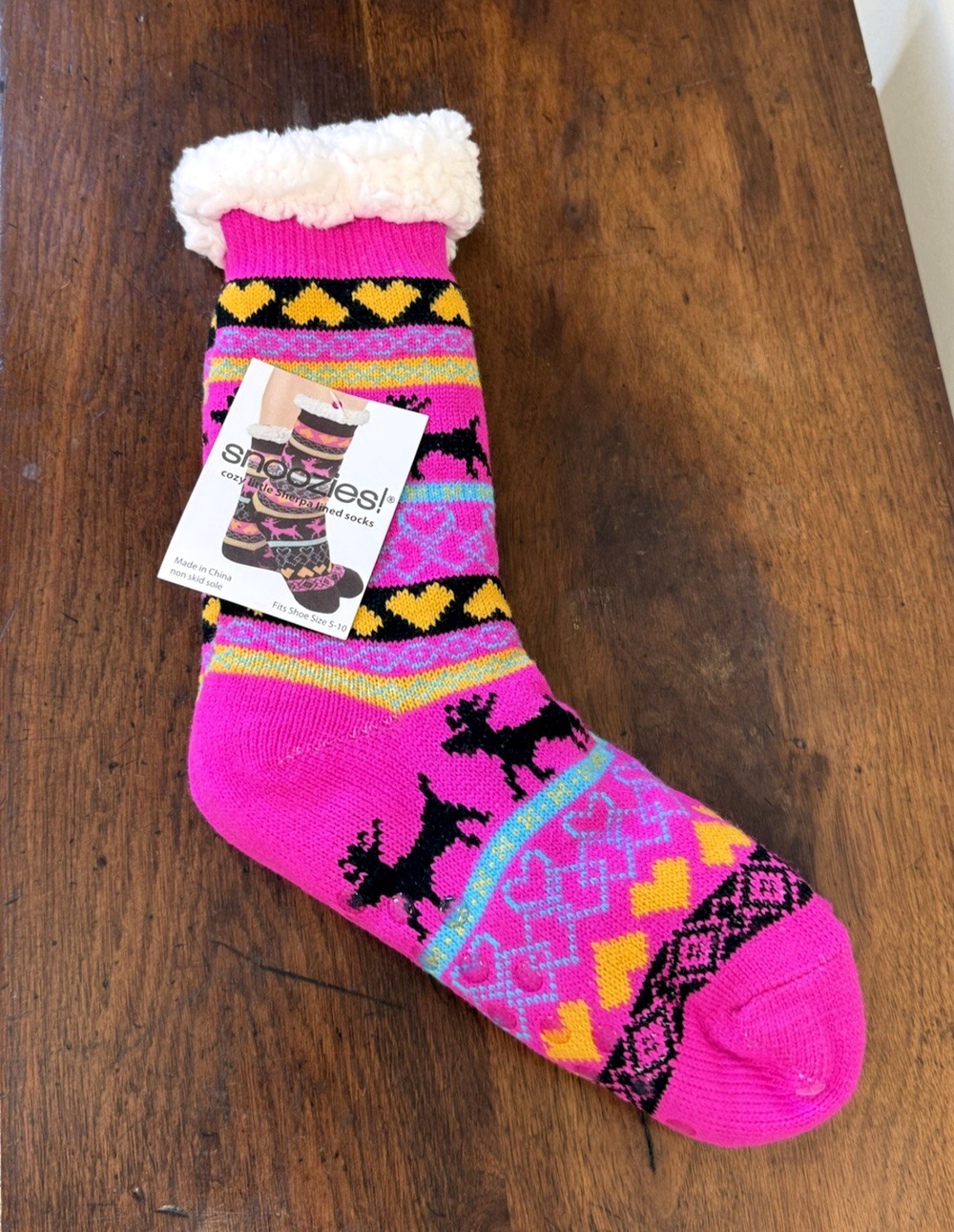 Snoozies Nordic Sherpa Lined Slipper Socks Women 5-10 Pink Reindeer NWT